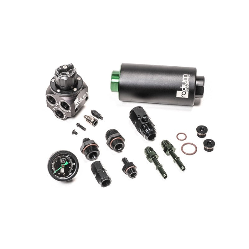 Radium Engineering fuel pressure regulator and fuel filter kit with stainless steel element and AN fittings for BMW E46 M3.