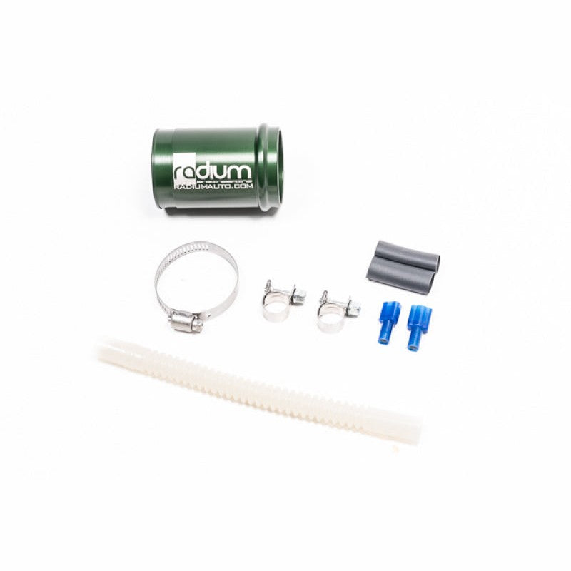 Radium Engineering fuel pump installation kit components for BMW E46 M3 including submersible hose and mounting hardware.