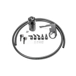 Radium Engineering black anodized CCV catch can kit with C6 Corvette mounting bracket and fluid-lock mechanism.