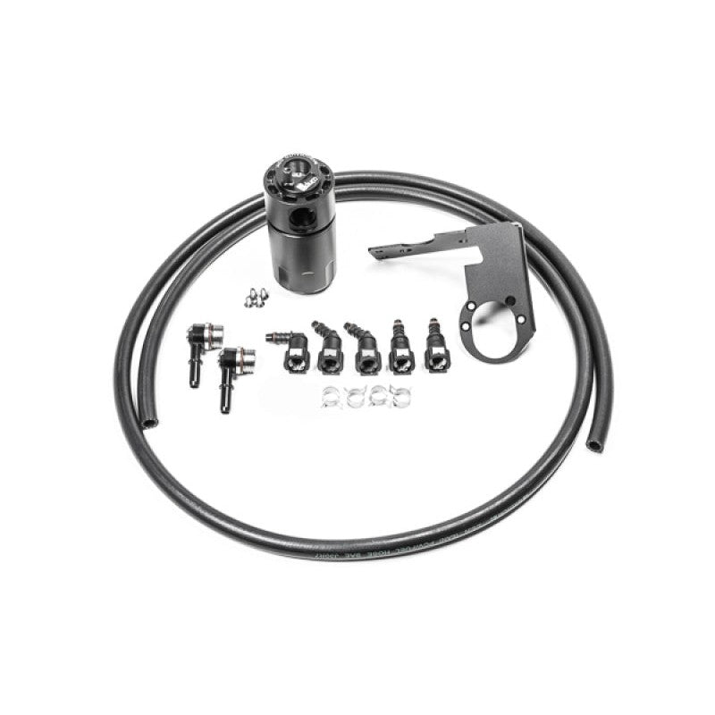 Radium Engineering black anodized CCV catch can kit with C6 Corvette mounting bracket and fluid-lock mechanism.