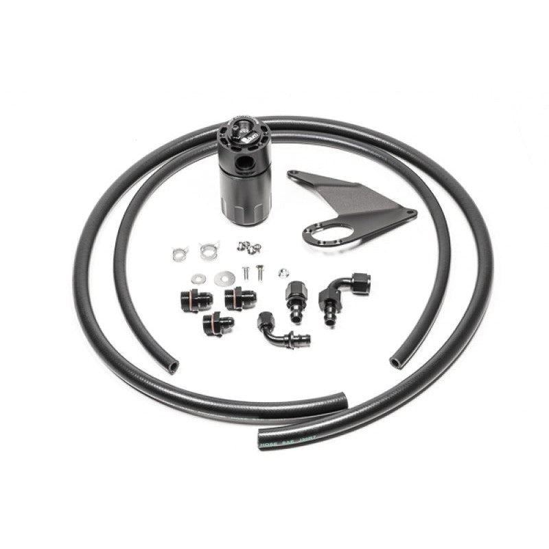 Radium Engineering black anodized single catch can kit with mounting bracket and hoses for 2008-2009 Mitsubishi Evo X