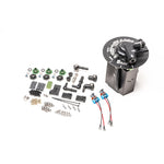 Radium Engineering machined fuel pump hanger with electrical connectors and dual pump mounting hardware.