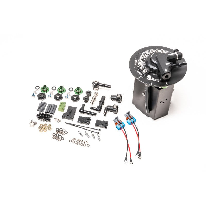Radium Engineering machined fuel pump hanger with electrical connectors and dual pump mounting hardware.