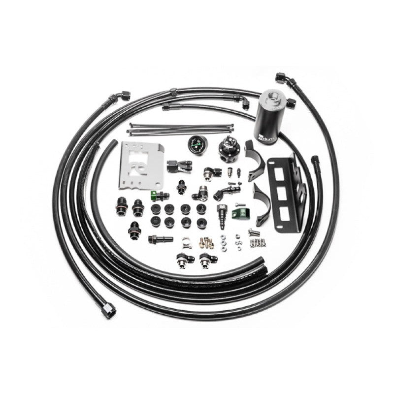 Radium Engineering fuel plumbing kit including PTFE hoses, microglass filter, and fuel pressure regulator for Cadillac CTS-V.
