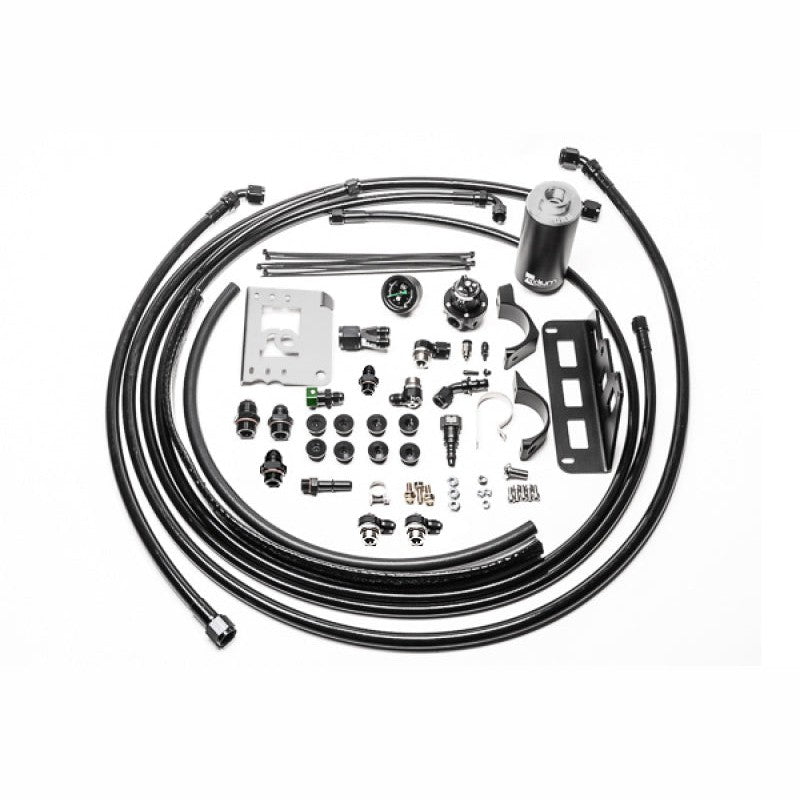 Radium Engineering fuel plumbing kit with PTFE lines, stainless steel fuel filter, and mounting hardware for 2008-2015 CTS-V