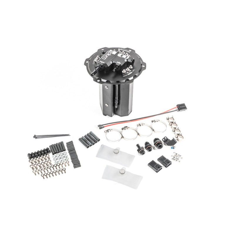 Radium Engineering billet aluminum in-tank fuel pump hanger for Mitsubishi Lancer Evolution X with AN fittings.