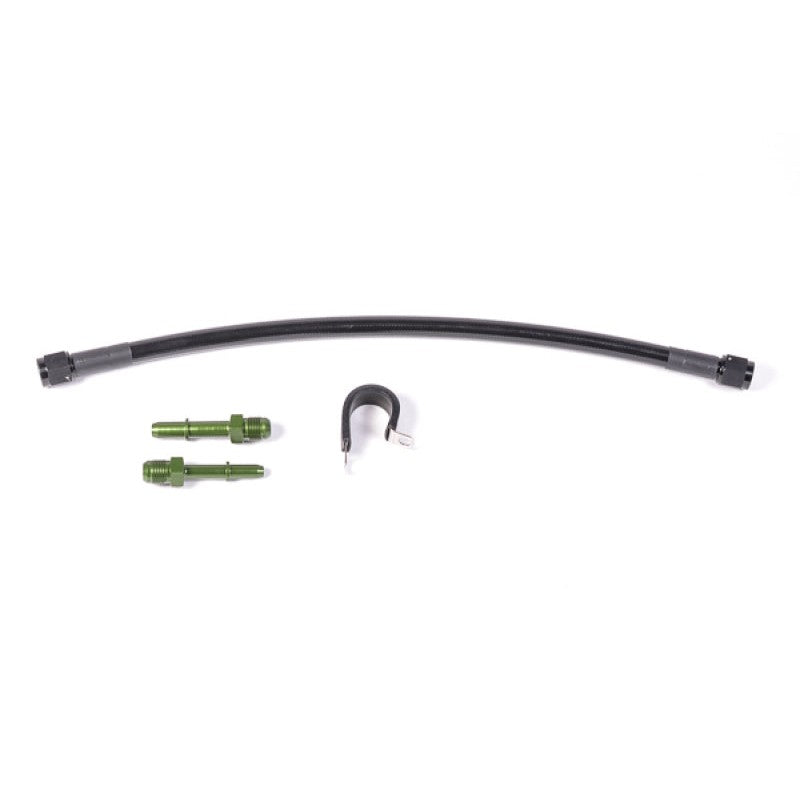 Radium Engineering fuel return conversion kit including rubber hose and fittings for Mitsubishi Evolution X fuel hanger.