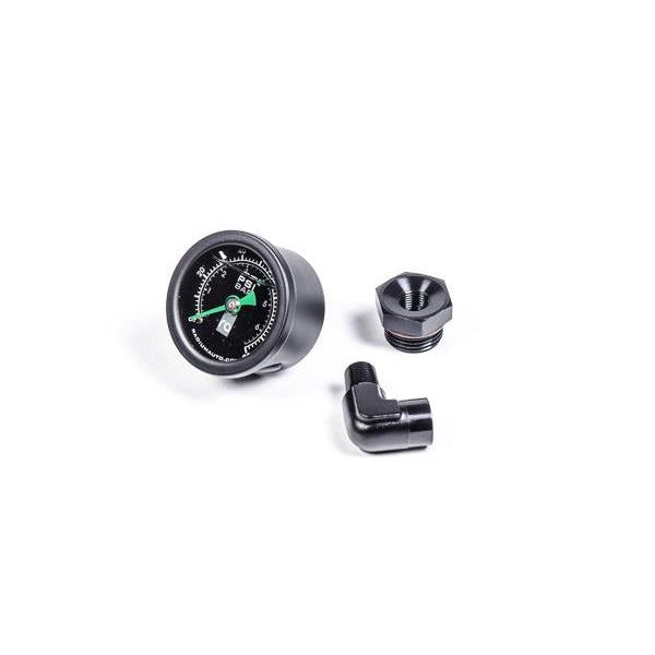 Radium Engineering mechanical fuel pressure gauge with black 8AN ORB adapter and 90-degree brass elbow fitting.