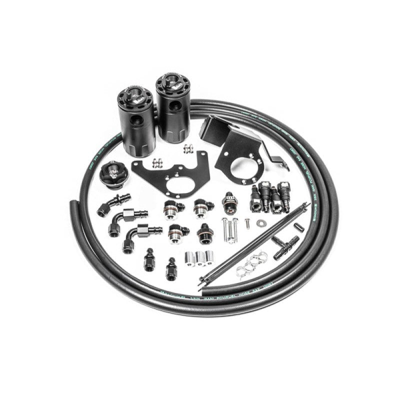 Radium Engineering dual black anodized aluminum catch cans with mounting brackets for 2009-2015 Cadillac CTS-V LSA