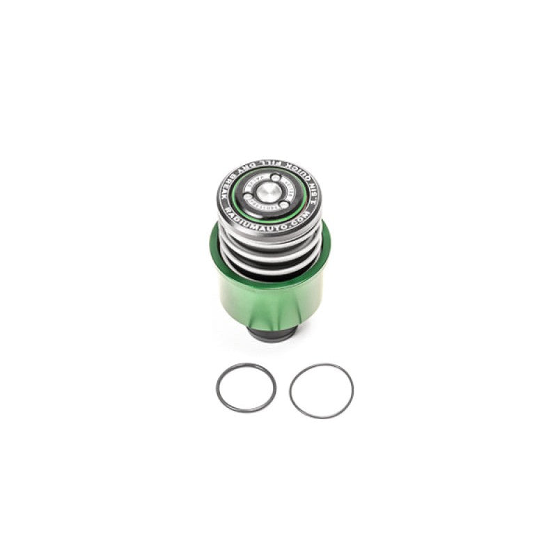Radium Engineering 1.5-inch male dry break fuel filler fitting with integrated pressure relief valve (PRV).