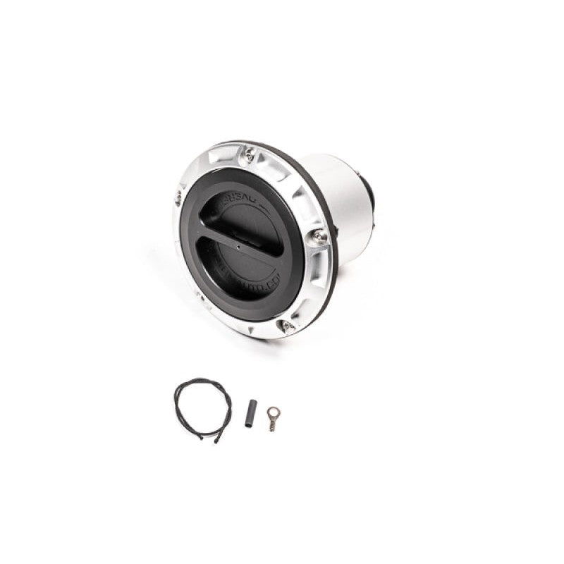 Radium Engineering 1.5-inch vented remote mount fuel filler neck in black anodized aluminum.