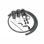 Dual black anodized aluminum Radium Engineering catch cans with Fluid Lock technology and brackets for Lotus Evora