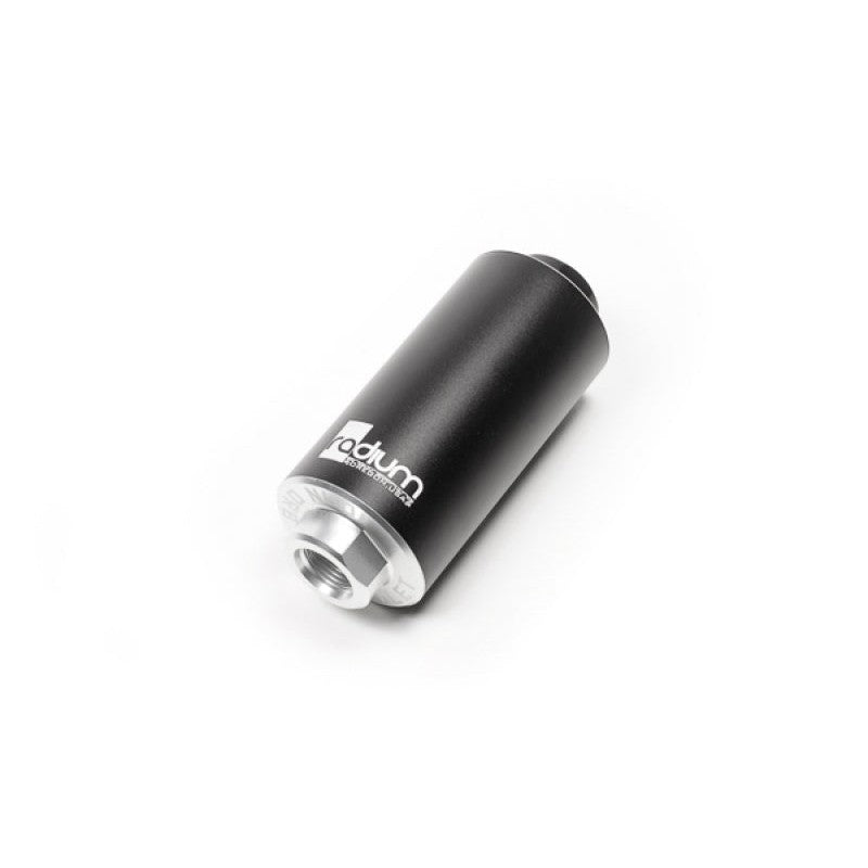 Radium Engineering 10 micron stainless steel fuel filter housing with integrated check valve and 10AN ORB ports.