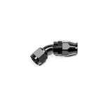Black anodized 10AN 45-degree PTFE hose end fitting for high-pressure fuel and oil lines.