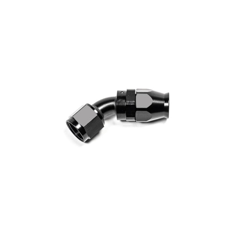 Black anodized 10AN 45-degree PTFE hose end fitting for high-pressure fuel and oil lines.