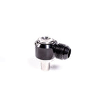 Radium Engineering stainless steel 11.8mm press-fit banjo adapter with black anodized -10AN male swivel fitting.