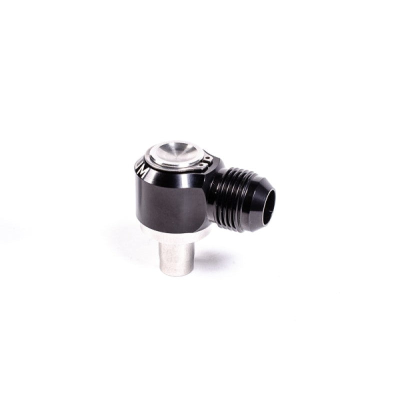 Radium Engineering stainless steel 11.8mm press-fit banjo adapter with black anodized -10AN male swivel fitting.