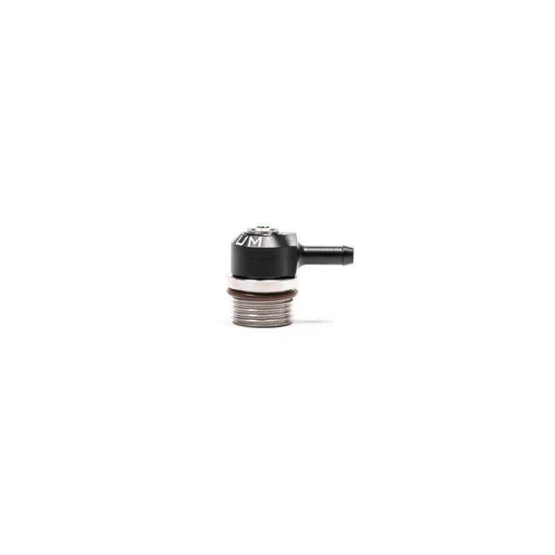 Radium Engineering 10AN ORB male to 6.5mm hose barb swivel banjo fitting in aluminum and stainless steel.