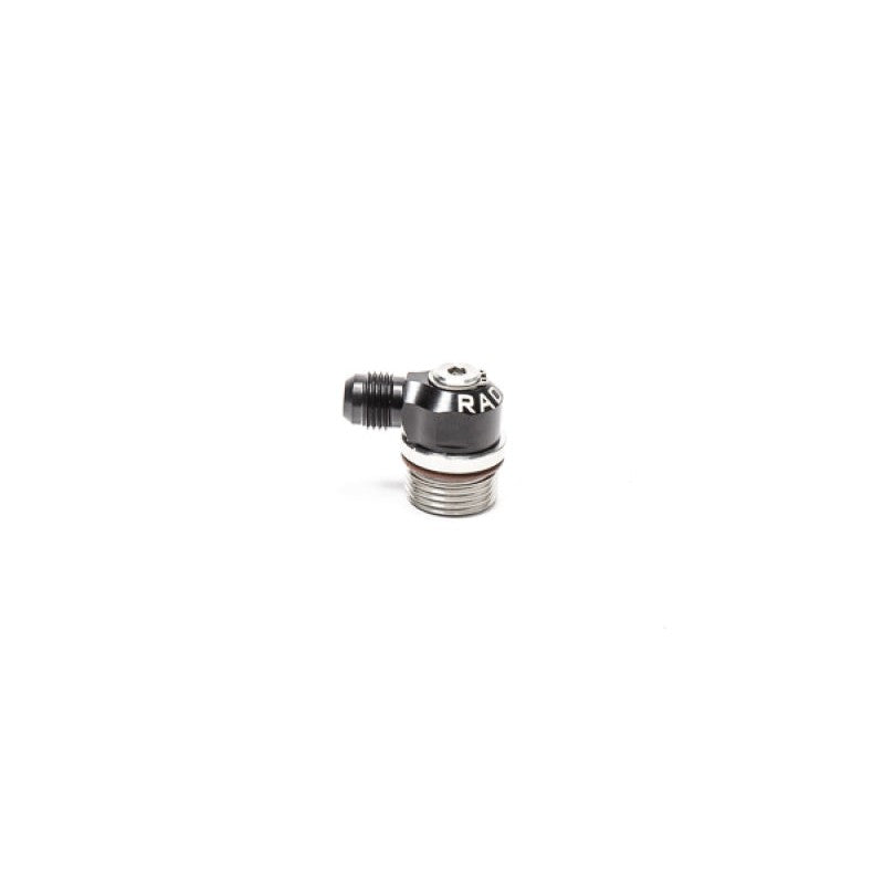 Radium Engineering 10AN ORB swivel banjo fitting with stainless steel bolt and black aluminum 6AN male flare outlet.