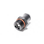 Black anodized aluminum Radium Engineering roll over valve fitting with 10AN ORB thread and 0.75 inch hose barb.