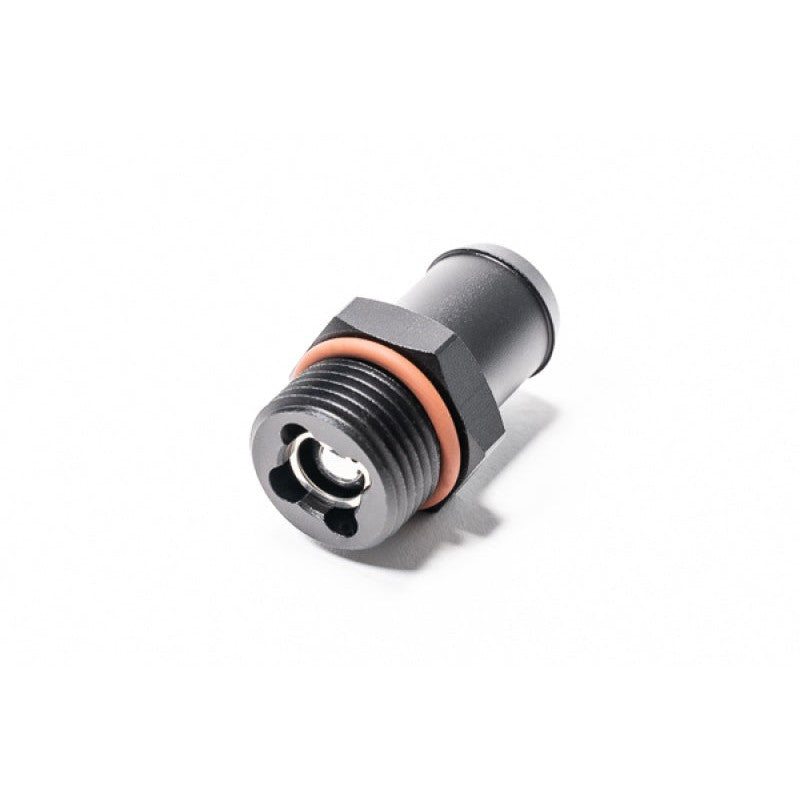 Black anodized aluminum Radium Engineering roll over valve fitting with 10AN ORB thread and 0.75 inch hose barb.