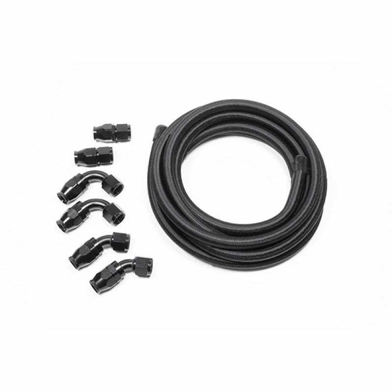 Radium Engineering 10AN black PTFE hose kit with 14.7 feet of hose and six assorted 10AN hose end fittings.