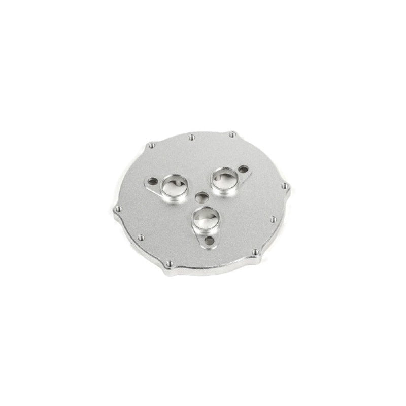 Machined Radium Engineering triple fuel pump base featuring three 12mm inlet ports for brushless pump installation.
