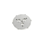 Machined Radium Engineering triple fuel pump base featuring three 12mm inlet ports for brushless pump installation.