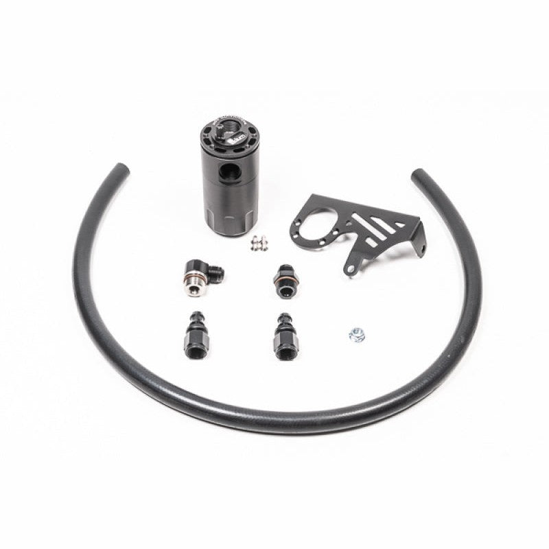 Radium Engineering Fluid Lock CCV catch can kit with black anodized canister, mounting bracket, and hoses for Focus ST.