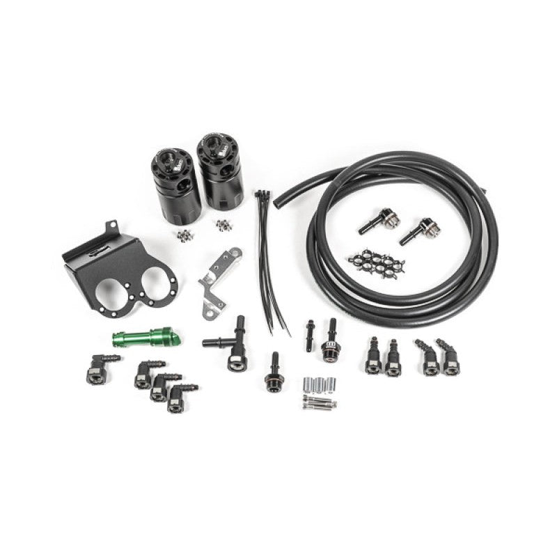 Radium Engineering black anodized dual catch can kit with Fluid Lock and mounting brackets for 2015-2019 Corvette C7.