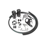 Dual black anodized aluminum oil catch cans with mounting brackets and hoses for VQ37VHR 370Z.