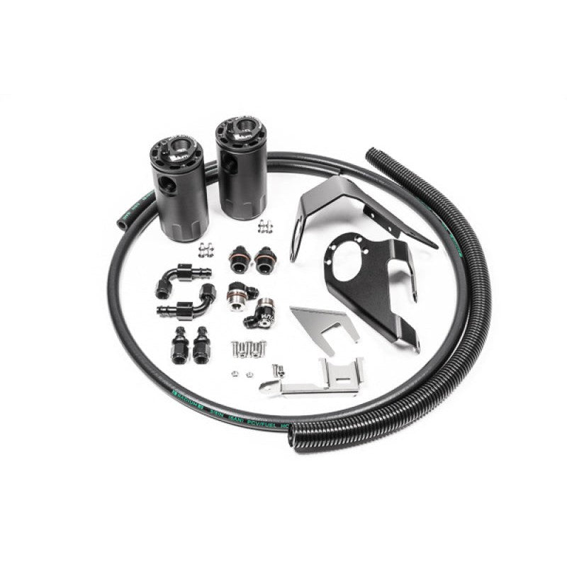 Dual black anodized aluminum oil catch cans with mounting brackets and hoses for VQ37VHR 370Z.