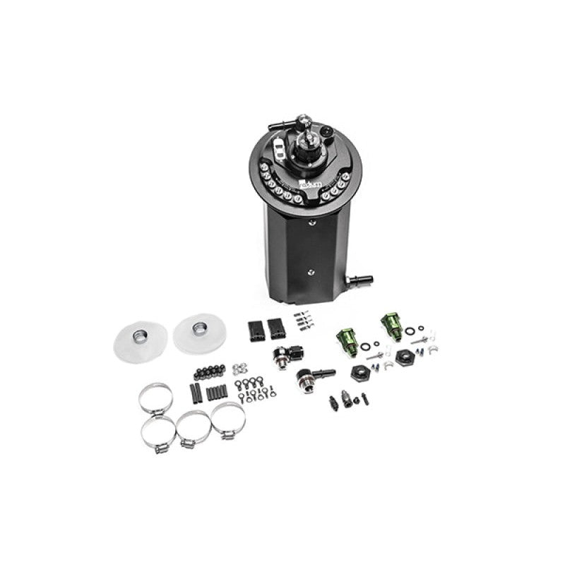Radium Engineering machined fuel pump hanger for 2011-2024 Ford Mustang with anodized top hat and E5LM pump mounting brackets.