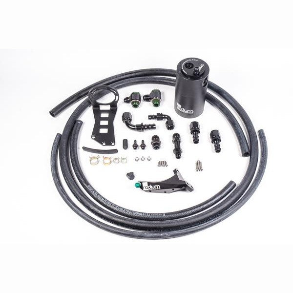 Radium Engineering baffled air oil separator kit with black canister, hoses, and mounting hardware for 2015-2017 Subaru WRX