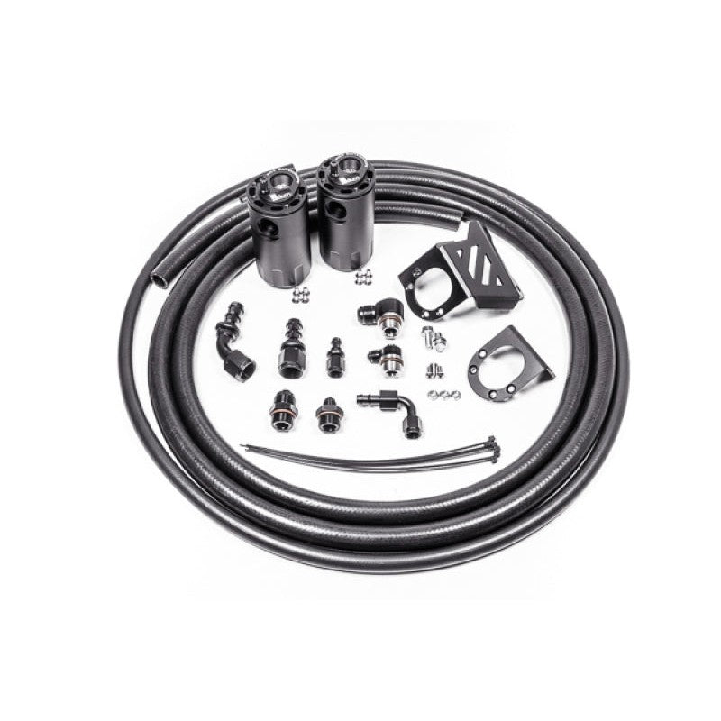 Radium Engineering black anodized dual oil catch can kit with Fluid Lock and mounting hardware for Toyota Tacoma.