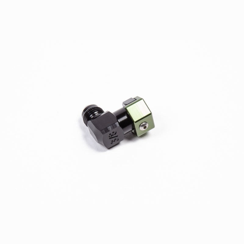 Black anodized aluminum Radium Engineering 90-degree 3/8 inch SAE female to 6AN male swivel adapter fitting.