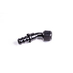 Black anodized aluminum 8AN 45-degree Pushlok barb hose end fitting from Radium Engineering.
