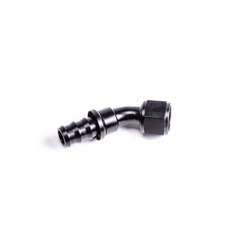 Black anodized aluminum 8AN 45-degree Pushlok barb hose end fitting from Radium Engineering.