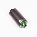 Anodized Radium Engineering in-line fuel filter with 6 micron microglass element and 10AN ORB female ports.