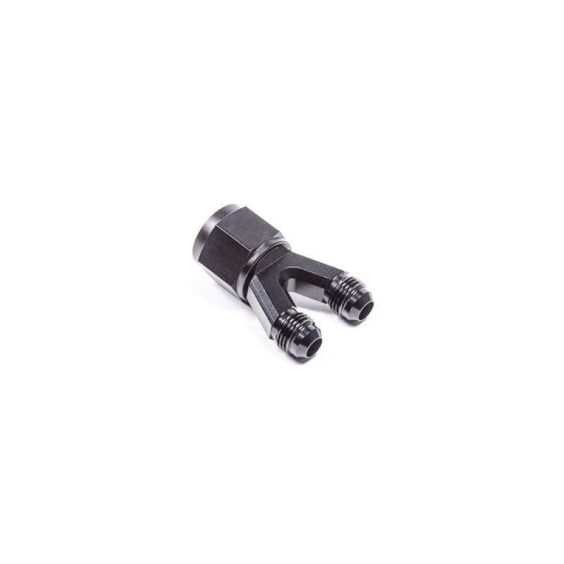 Black anodized Radium Engineering Y-adapter fitting featuring 10AN female to dual 6AN male connections
