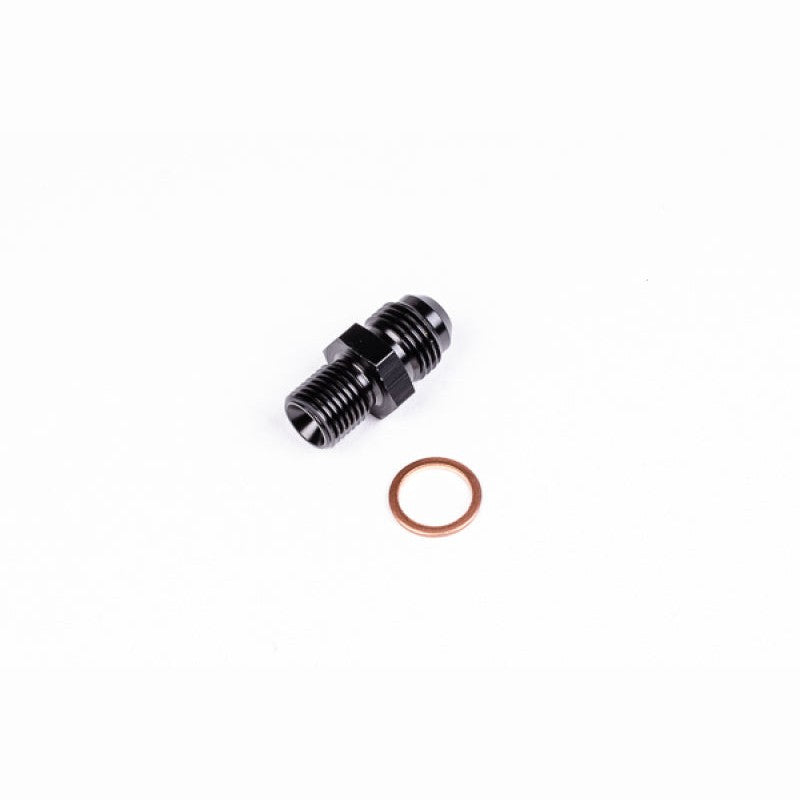 Radium Engineering 14-0425 6AN male to M12x1.25 male aluminum adapter fitting with crush washer.