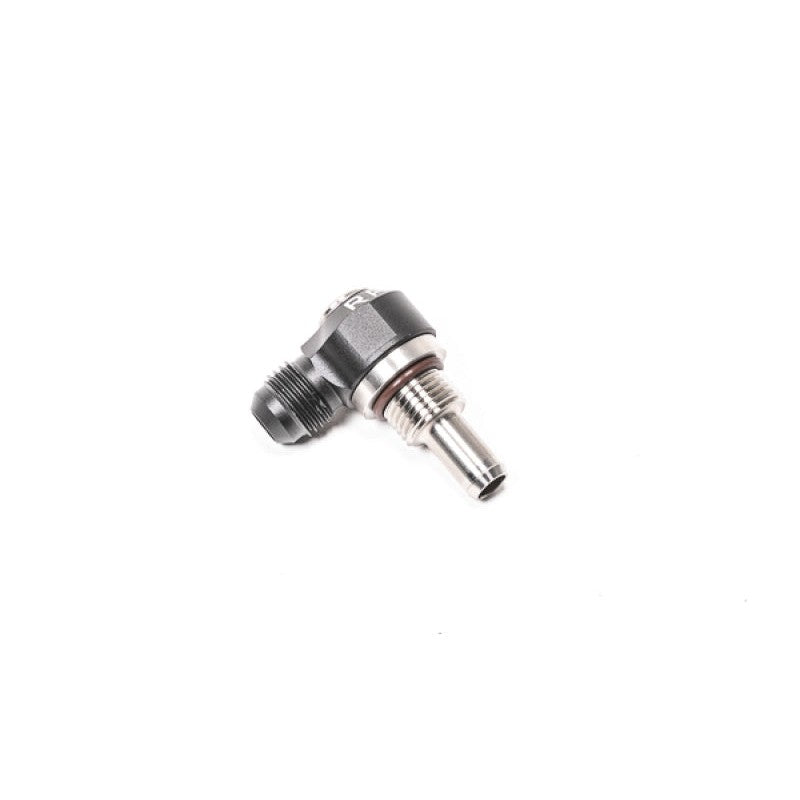 Radium Engineering 6AN ORB swivel banjo fitting featuring 8.5mm hose barb and 6AN male bulkhead in stainless steel.