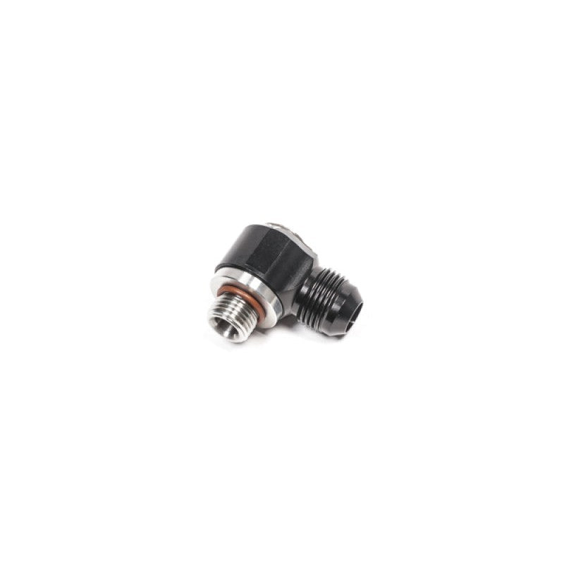 Radium Engineering 20-1000-0608 machined swivel banjo adapter, 6AN ORB inlet to 8AN male flare outlet.