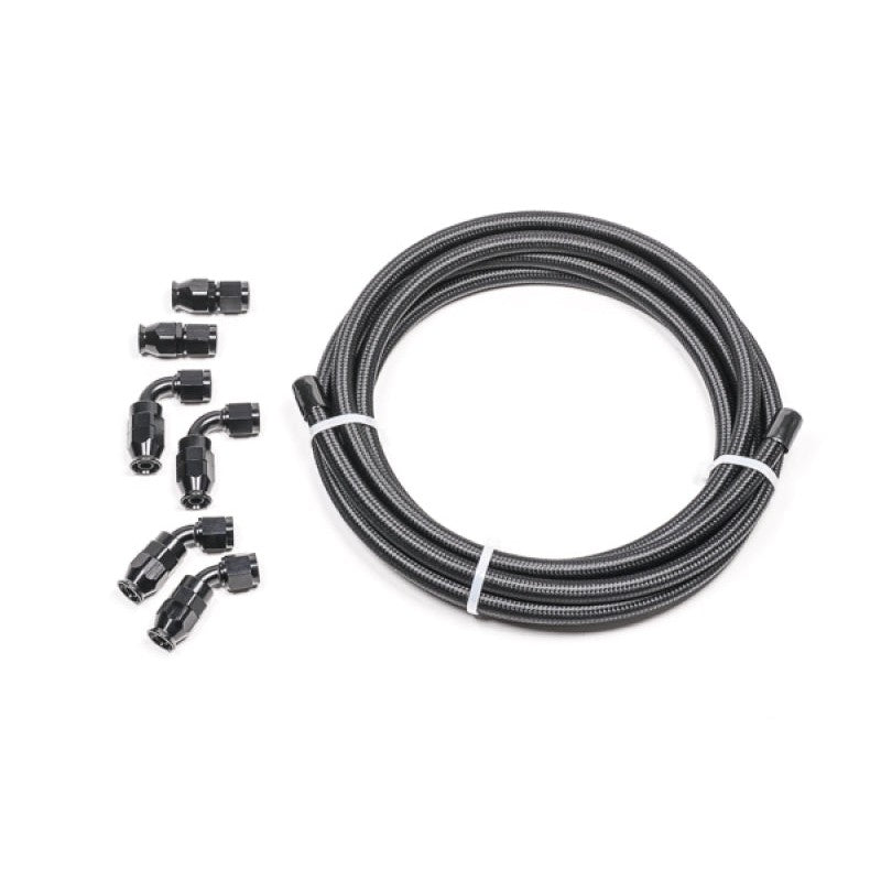 Radium Engineering 6AN black carbon PTFE hose with straight, 45-degree, and 90-degree AN hose-end fittings.