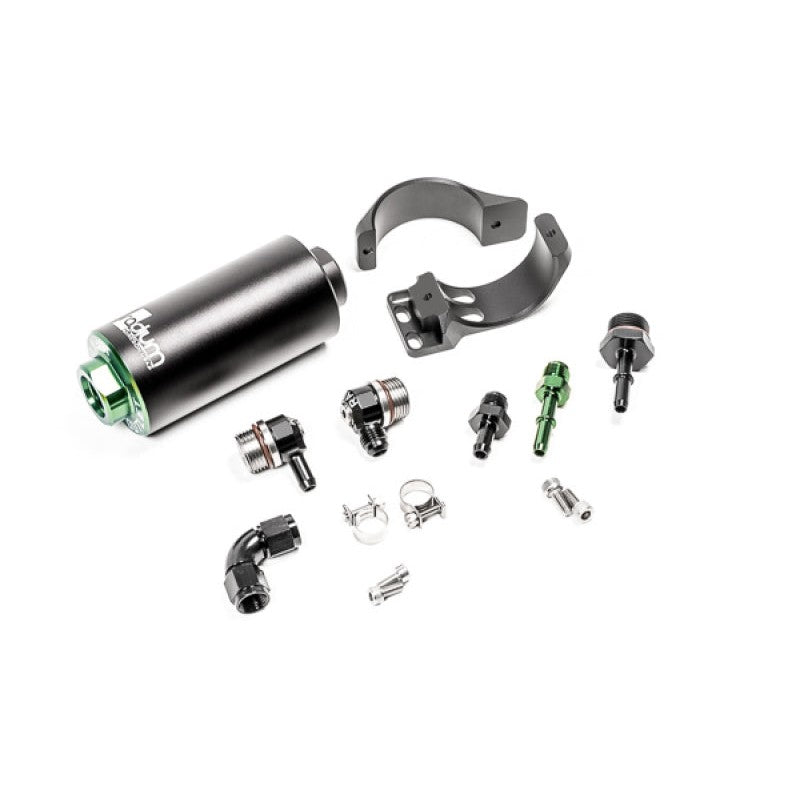 Radium Engineering fuel filter kit for 1990-2005 Mazda Miata with 10 micron stainless element and mounting bracket.