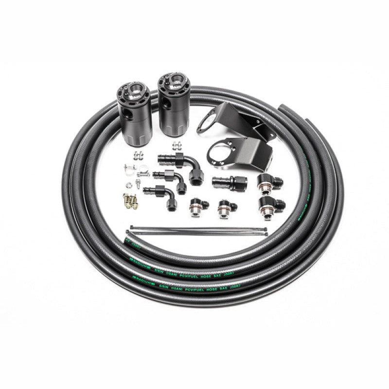 Dual black anodized oil catch cans with vehicle-specific mounting brackets and hoses for 1989-1994 Nissan 240SX S13.