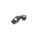 Black anodized Radium Engineering -8AN 45-degree PTFE hose end fitting with a wrench-together assembly design.