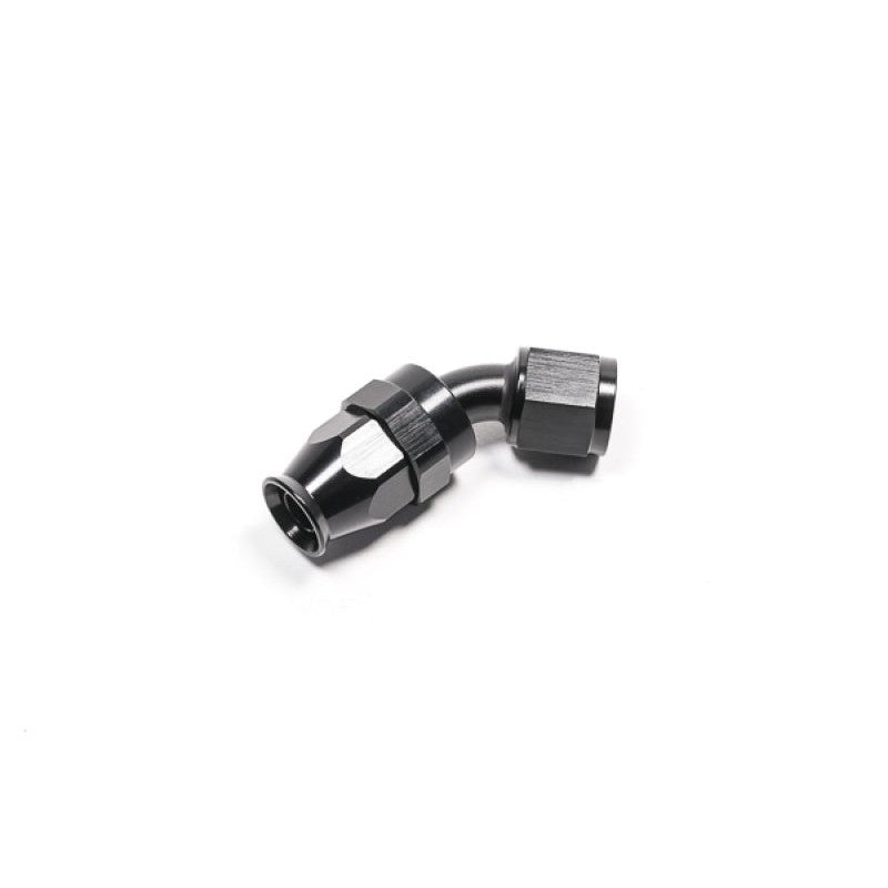 Black anodized Radium Engineering -8AN 45-degree PTFE hose end fitting with a wrench-together assembly design.