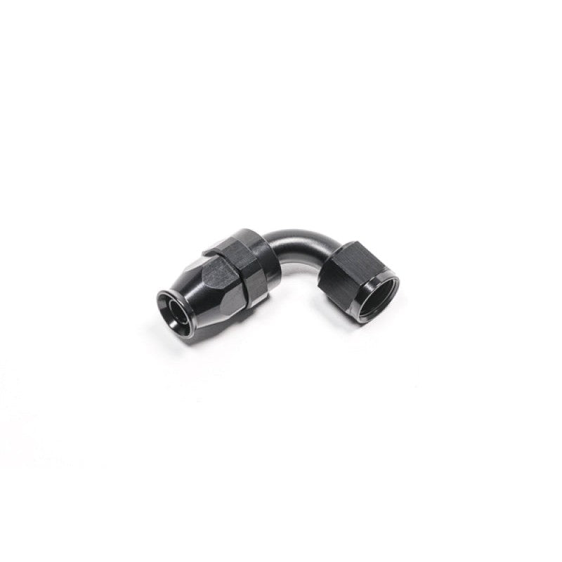 Radium Engineering black anodized -8AN 90-degree wrench-together hose end fitting for PTFE lines.