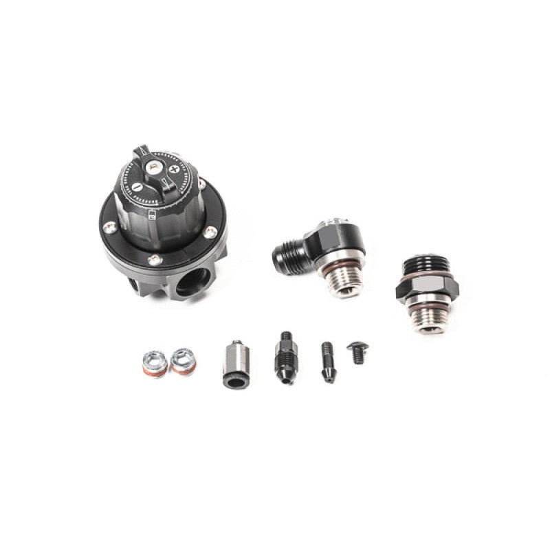 Black anodized Radium Engineering DMR-RA fuel pressure regulator with 8AN ORB direct mount and swivel assembly.